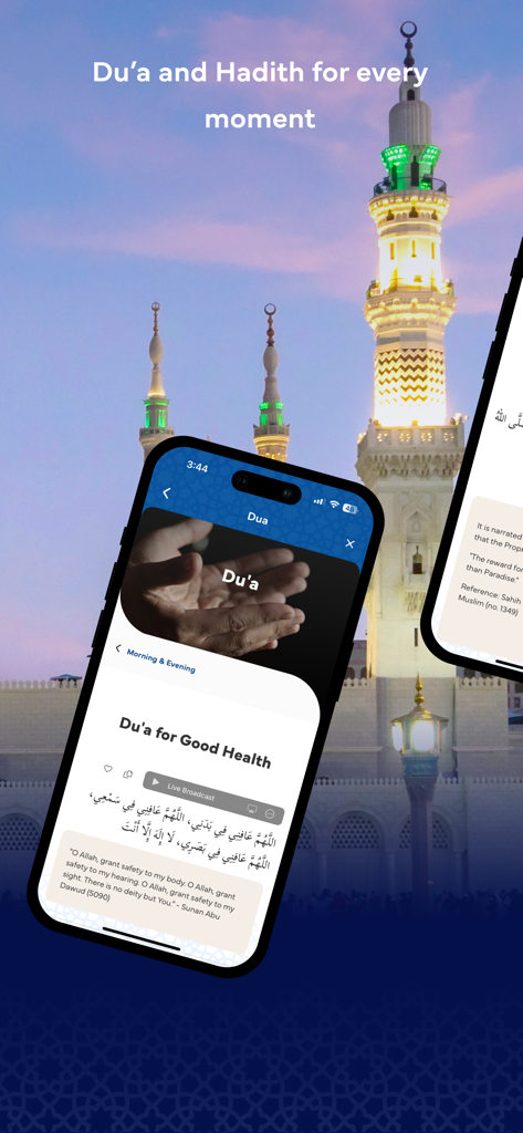 Amal by Malaysia Airlines - Amal by Malaysia Airlines app screen displaying Du'a for Good Health over a background of the Prophet's Mosque in Medina
