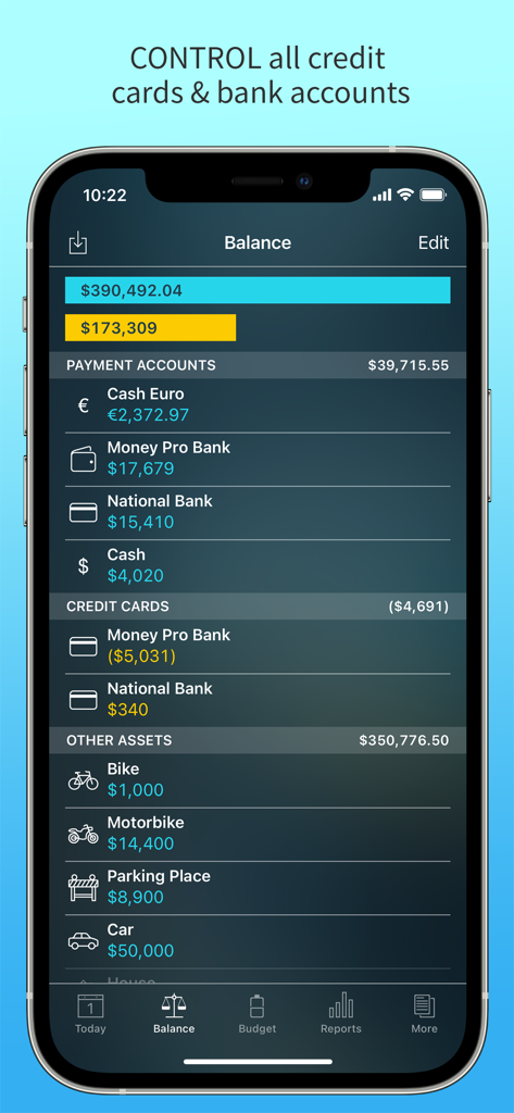 Money Pro: Personal Finance AR - Money Pro app screen showing balance for bank accounts and credit cards