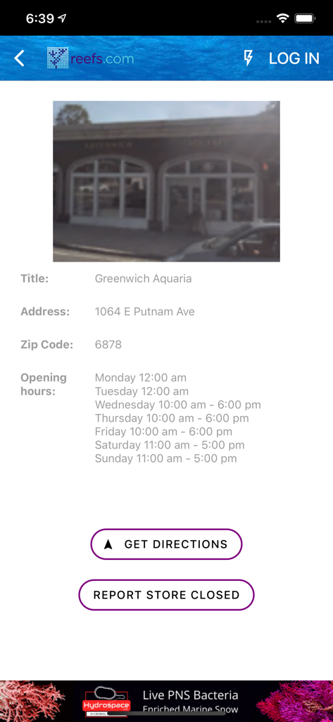 Reefs - Reefs app screen showing address and opening hours for Greenwich Aquaria local fish store