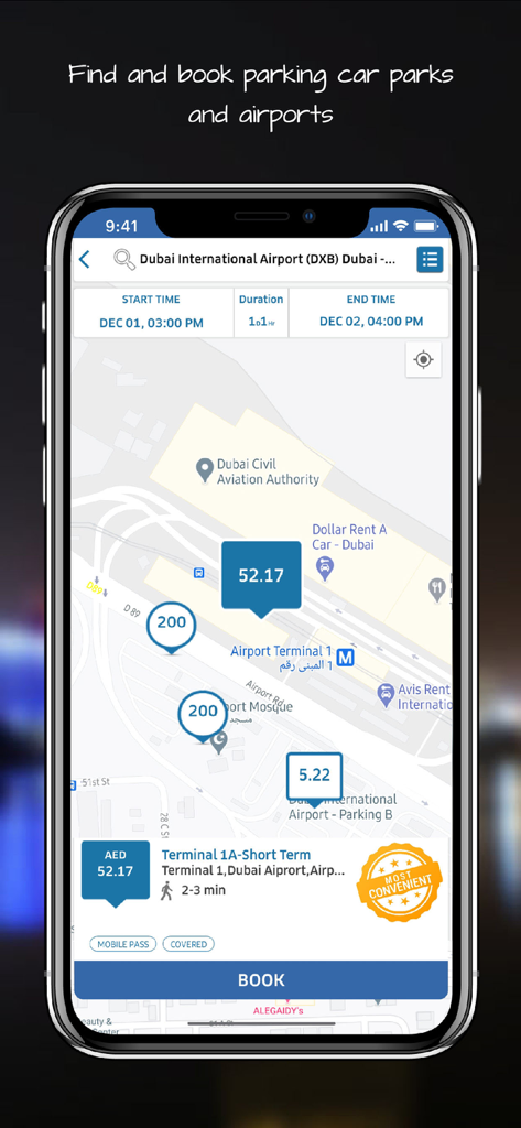 mawgif موقف - Mawgif app map showing parking spaces and prices at Dubai International Airport