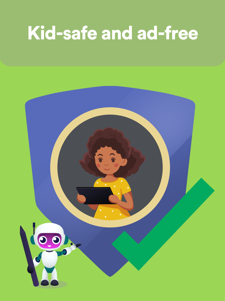 Gráfico que ilustra el entorno seguro para niños y sin publicidad de la aplicación de escritura Dynamilis que muestra a una niña con una tableta dentro de un escudo protector