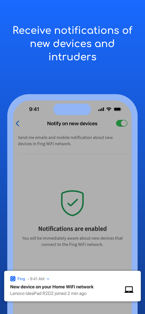 Screenshot showing the Fing app feature for receiving real-time alerts when new devices or intruders join a WiFi network
