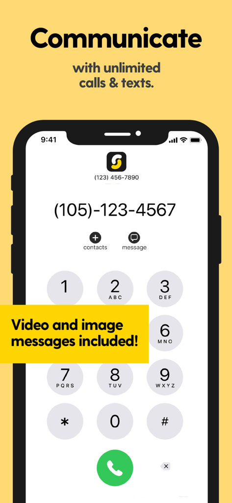 SwitchUp app interface displaying a phone dialer for unlimited calls and texts