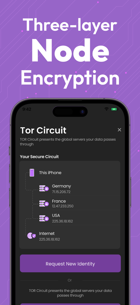 TOR Browser: Onion TOR VPN - Schermo dell'iPhone che mostra il circuito Tor con crittografia a nodi a tre strati attraverso server globali