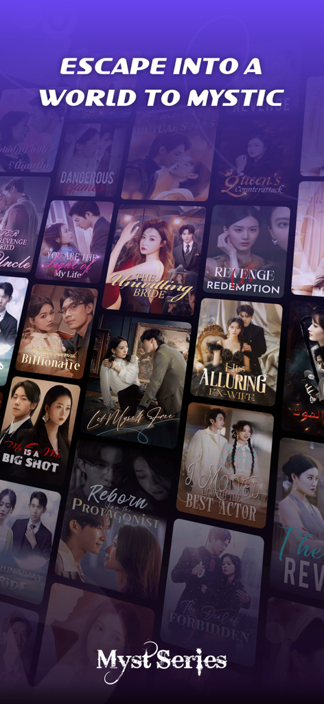 Myst Series-make a drama wish - Une grille de diverses affiches de dramas courts romantiques et dramatiques disponibles sur l'application Myst Series.