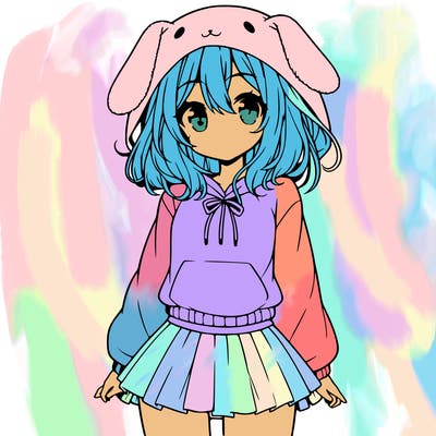 pretty anime girl wearing a fluffy hoodie with bunny ears on the hood and a skirt