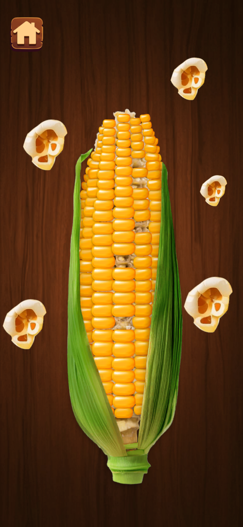 Relaxing Antistress popit Game - Satisfactorio minijuego de reventar mazorcas de maíz con efectos de palomitas sobre un fondo de madera