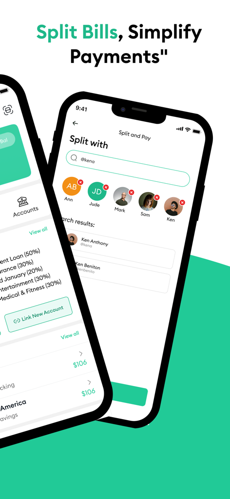 Interfaz de la aplicación móvil StashUp que muestra la función de dividir facturas y simplificar pagos