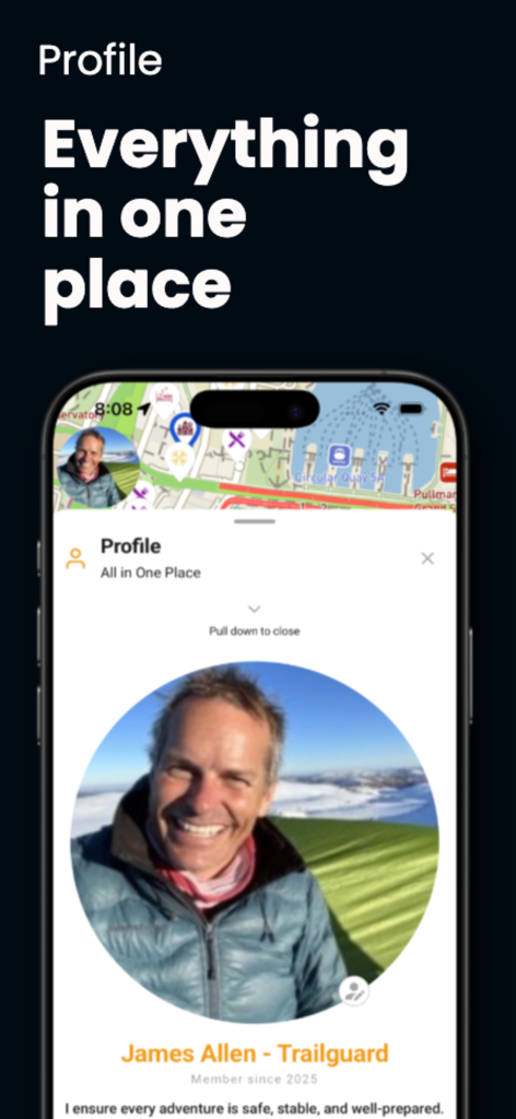 Explore by JAX - Explore by JAX user profile screen showing a trailguard profile with a map background.
