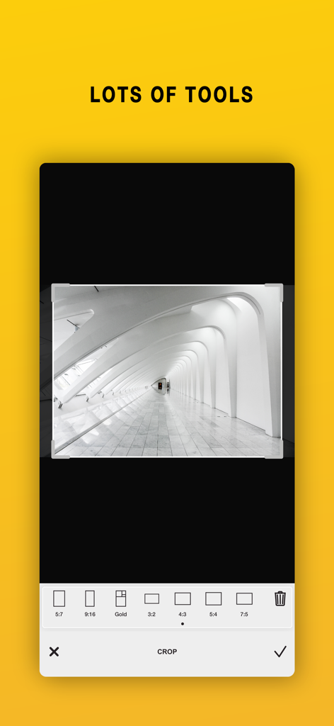 I Love Film app interface showing the crop tool with various aspect ratio presets for a black and white photo.