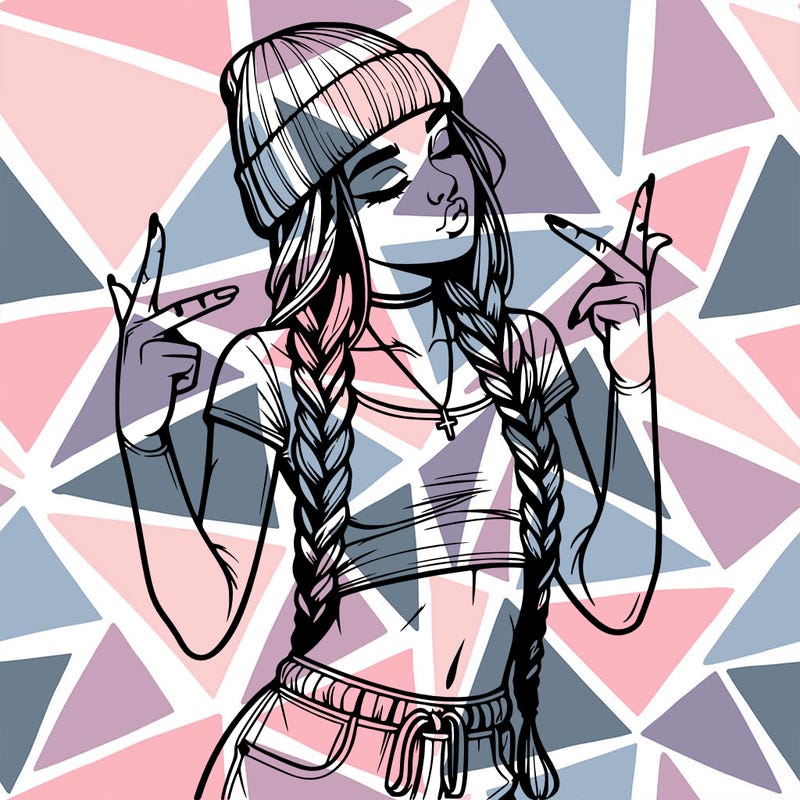 realistic teenage girl with braids and a beanie and crop top doing 🫶🏼