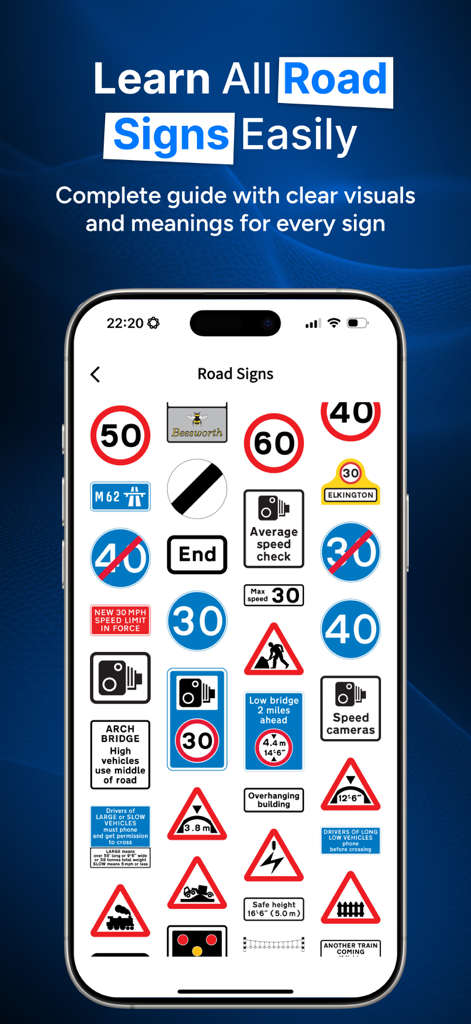 Theory Test Hero UK 2026 - Mobile app screen showing various UK road signs for driving theory test revision