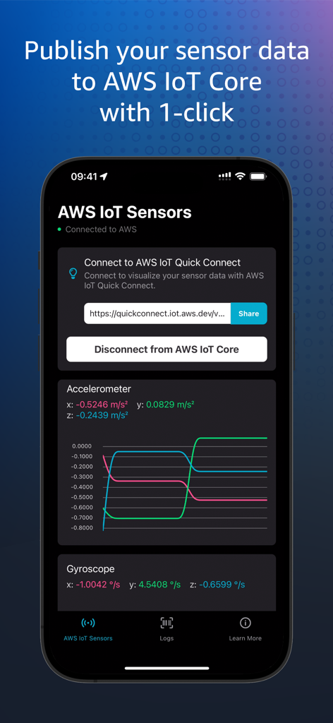 AWS IoT Sensors - AWS IoT Sensors mobile app interface displaying real-time accelerometer and gyroscope data graphs with a connection to AWS IoT Core