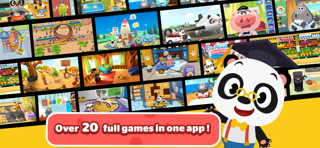 Dr. Panda Classics - Dr. Panda mascot presenting a collection of over 20 mini games