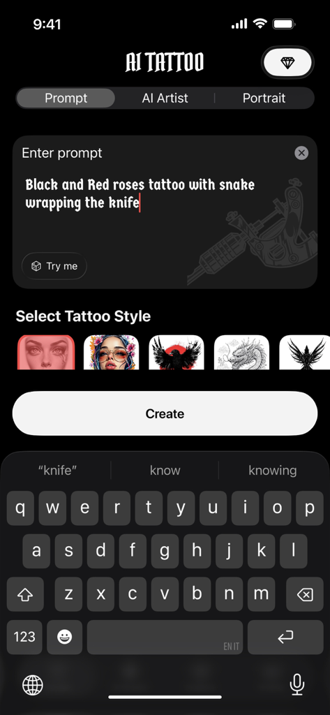 Tattoo AI Design Generator - Benutzeroberfläche einer KI-Tattoo-Generator-App mit einer Texteingabeaufforderung für ein individuelles Schlangen- und Rosen-Tattoo