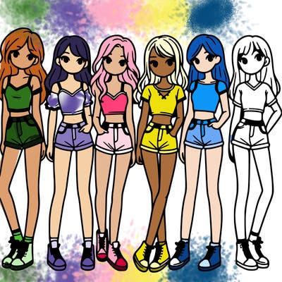 a group of girls wearing crop tops and shorts