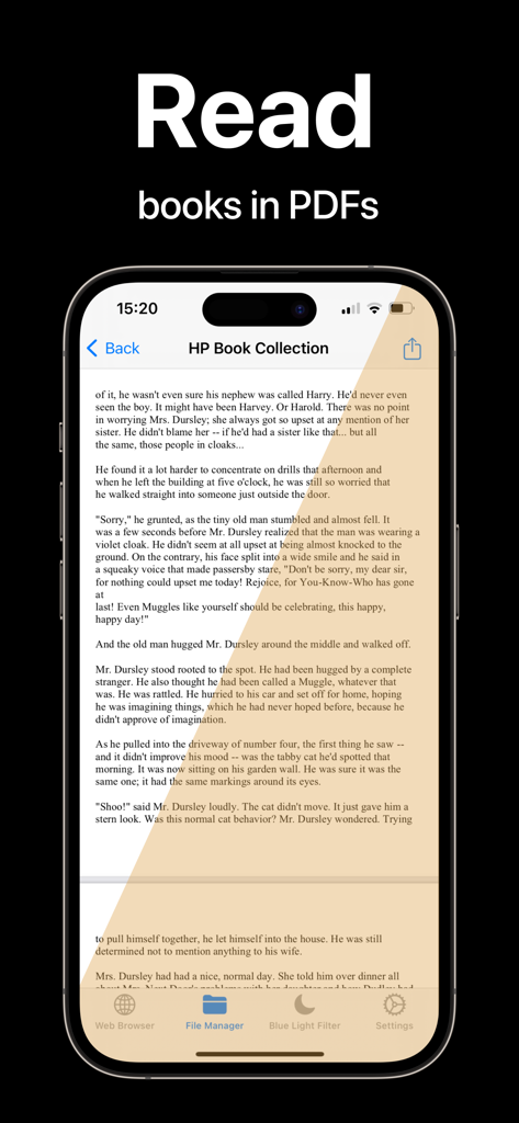 Blue Light Filter - Blue light filter app displaying a PDF book with a warm eye-care tint.
