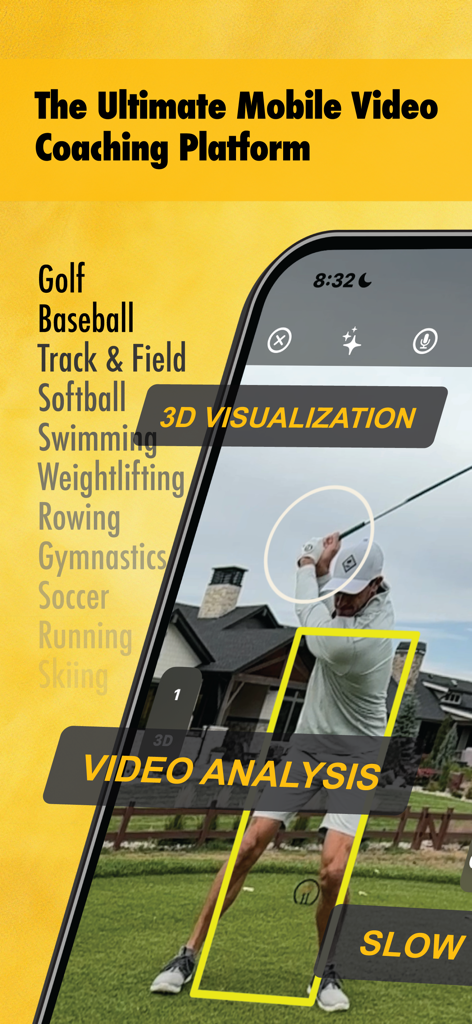 Onform: Video Analysis App - Onform app screen showing 3D visualization and video analysis of a golf swing for professional coaching.