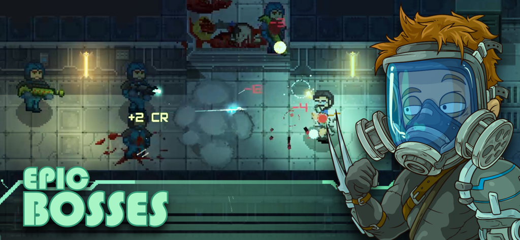 Enduranceのピクセルアートゲームプレイ。Epic Bossesのテキストとガスマスクのキャラクターが表示されたSF戦闘。