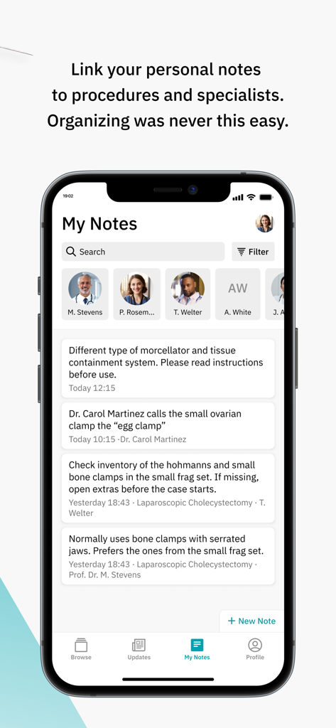A mobile app interface titled My Notes, displaying personal surgical notes linked to specific specialists and procedures.