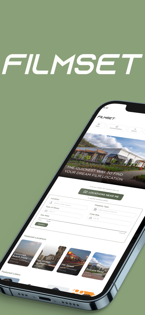 Mobile Oberfläche der Filmset-App, die eine Suchmaschine für Film-Drehorte und Unterkünfte zeigt