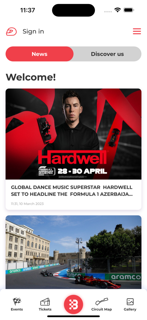 Baku City Circuit - Tela inicial do aplicativo Baku City Circuit mostrando notícias da Fórmula 1 e anúncios de eventos
