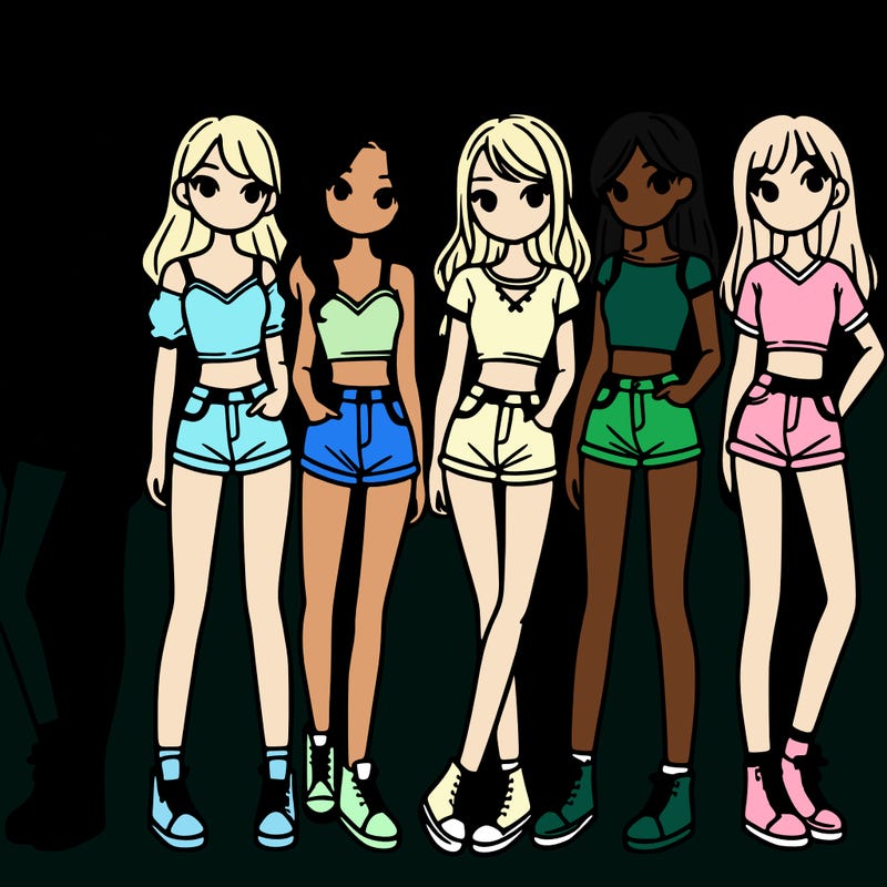 a group of girls wearing crop tops and shorts