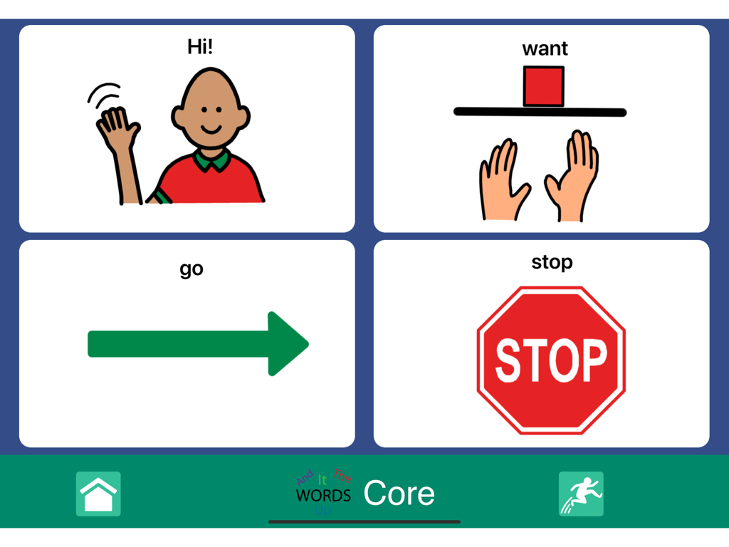GoTalk NOW PLUS AAC app interface with four buttons for Hi, want, go, and stop.