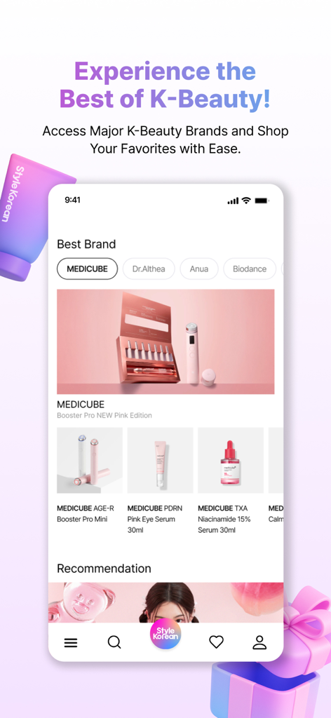 StyleKorean - StyleKorean app interface showing major K-Beauty skincare brands and products