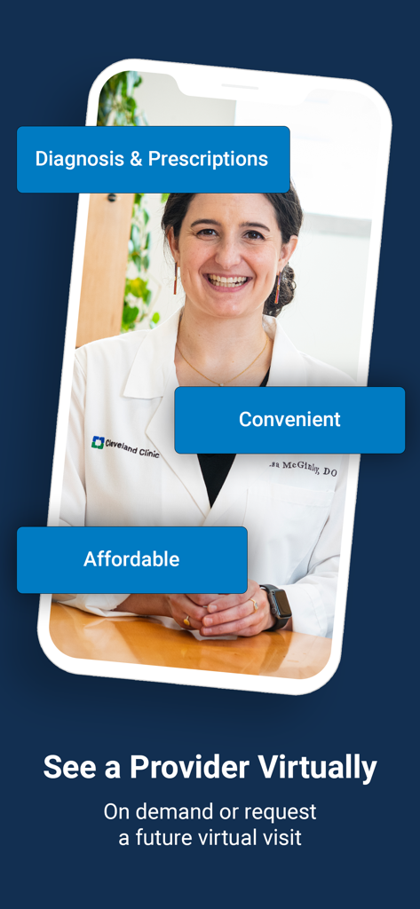 A smartphone screen displaying the MyClevelandClinic app virtual visit feature with a smiling doctor