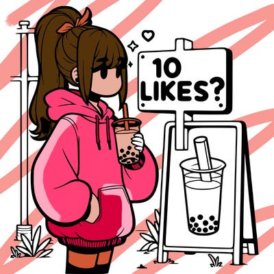 girl with oversized hoodie drinking boba and she has a high ponytail with a sign that says 10likes?