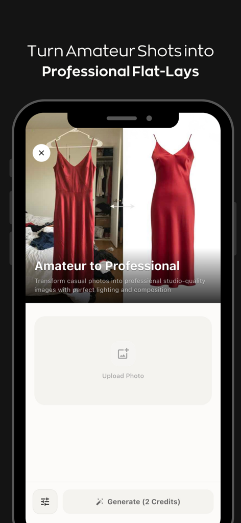 AI Fashion Studio Maker:Fashio - Before and after comparison showing an amateur photo of a red dress transformed into a professional studio flat-lay
