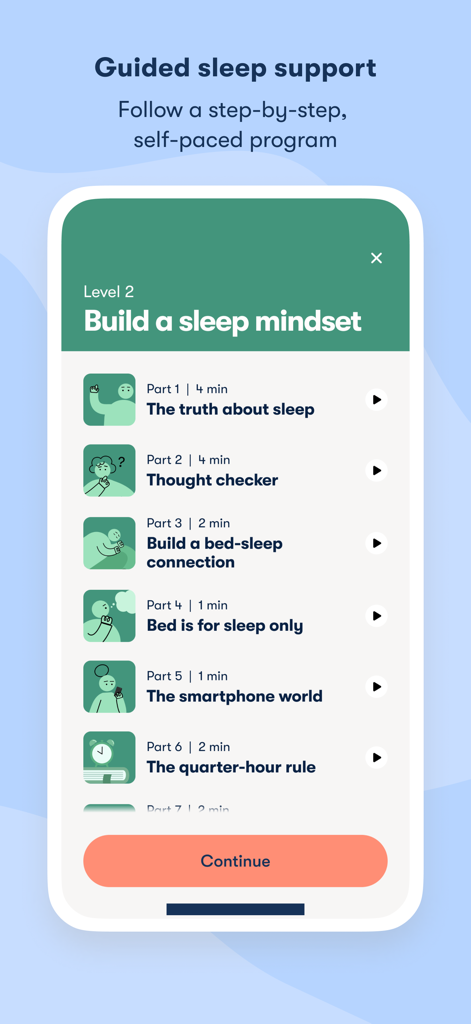 Sleepio 3.0 - Interface of the Sleepio 3.0 app showing a structured step-by-step sleep mindset program with modules like Thought Checker and The Truth About Sleep.