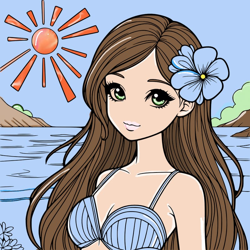 realistic girl with a flower on her hair and standing outside in the sun at the beach with a swimsuit on
