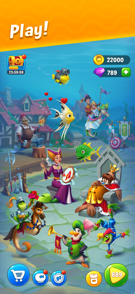 Fishdom - Escena submarina de Fishdom con personajes vestidos con trajes medievales, incluyendo un rey morsa y un caballero rana