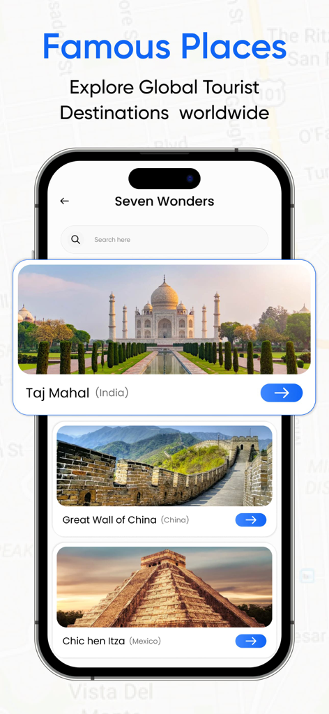 Street View Live 360 Map View - A smartphone screen showing the Seven Wonders section of a street view app with images of the Taj Mahal, Great Wall of China, and Chichen Itza.