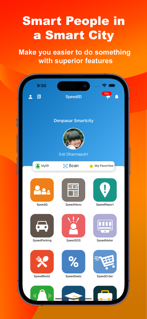 Interfaccia dell'app mobile SpeedID che mostra una dashboard di servizi smart city tra cui parcheggio, cibo e code