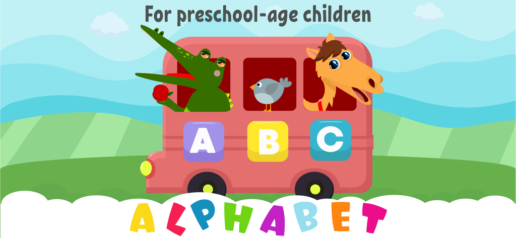 Autobus scolastico colorato con lettere e personaggi animali per l'apprendimento prescolare