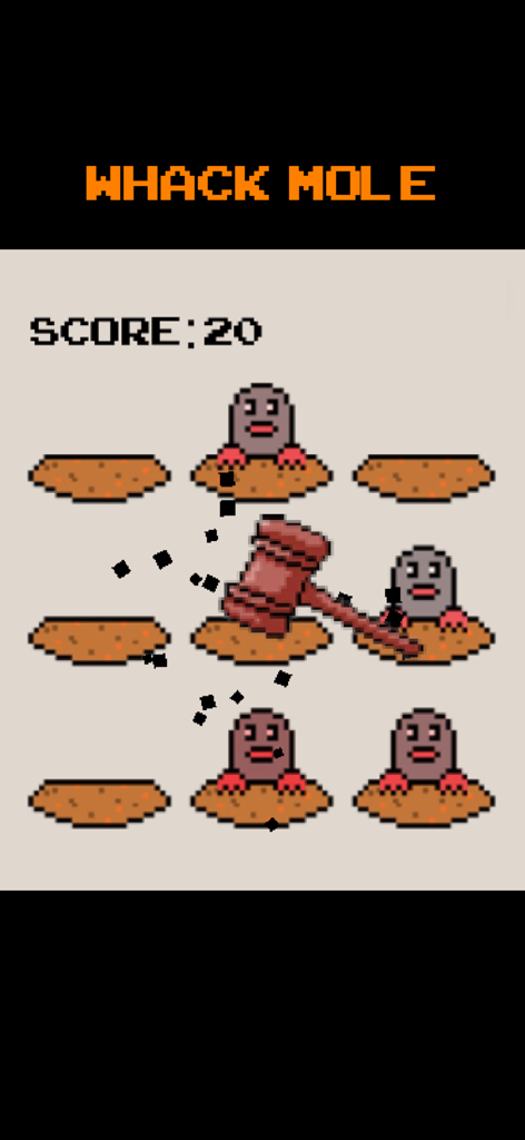 6 Classic Arcade Watch Games - Gameplay of pixel art Whack Mole arcade game for Apple Watch showing a hammer hitting a mole