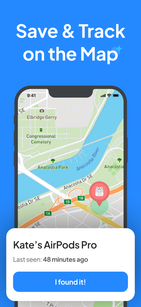 Find My Lost Device & Track - Interfaz de un smartphone que muestra la última ubicación vista de AirPods Pro en un mapa con un botón para confirmar la recuperación.