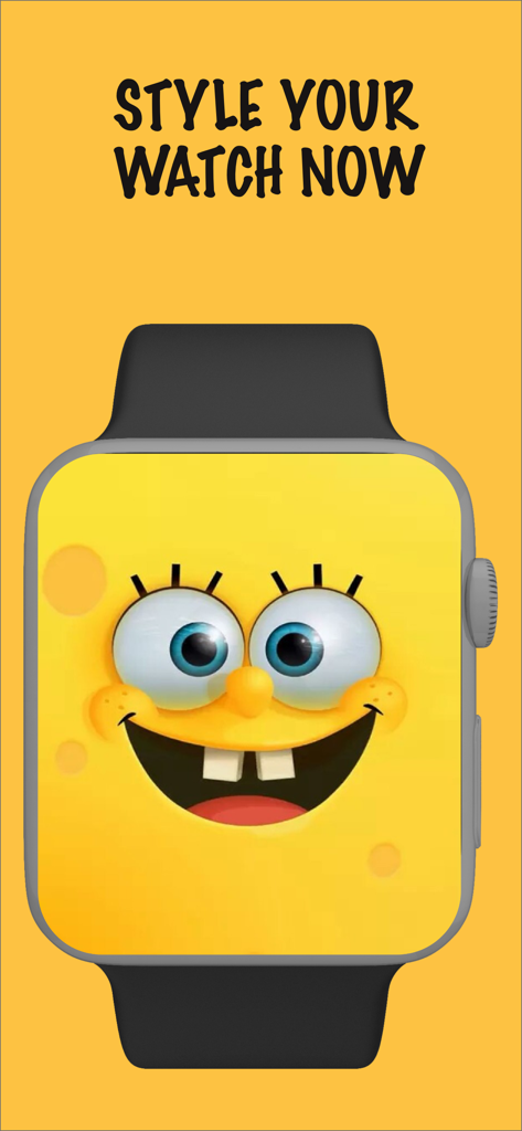 Watch Faces ®™ - Un Apple Watch che visualizza un quadrante giallo animato con un volto sorridente e il testo Style Your Watch Now
