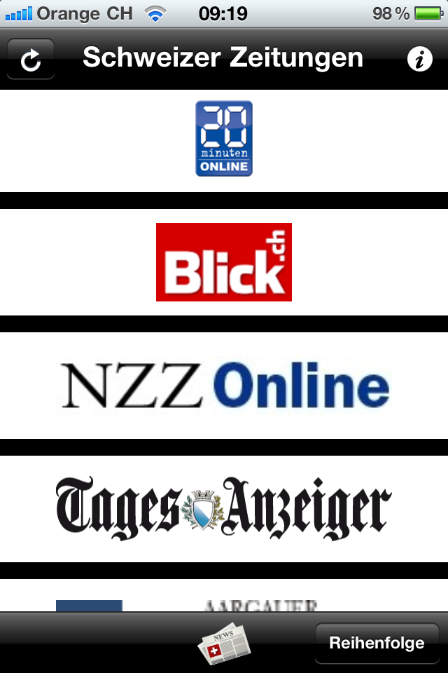 Hauptbildschirm der Schweizer Zeitungen App, der eine Liste Schweizer Nachrichtenquellen wie 20 Minuten und Blick zeigt.