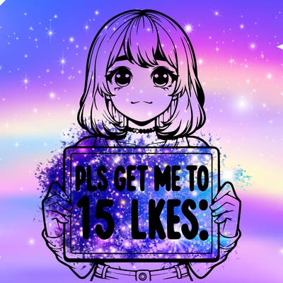 realistic girl holding up a sign that says “pls get me to 15 likes!”