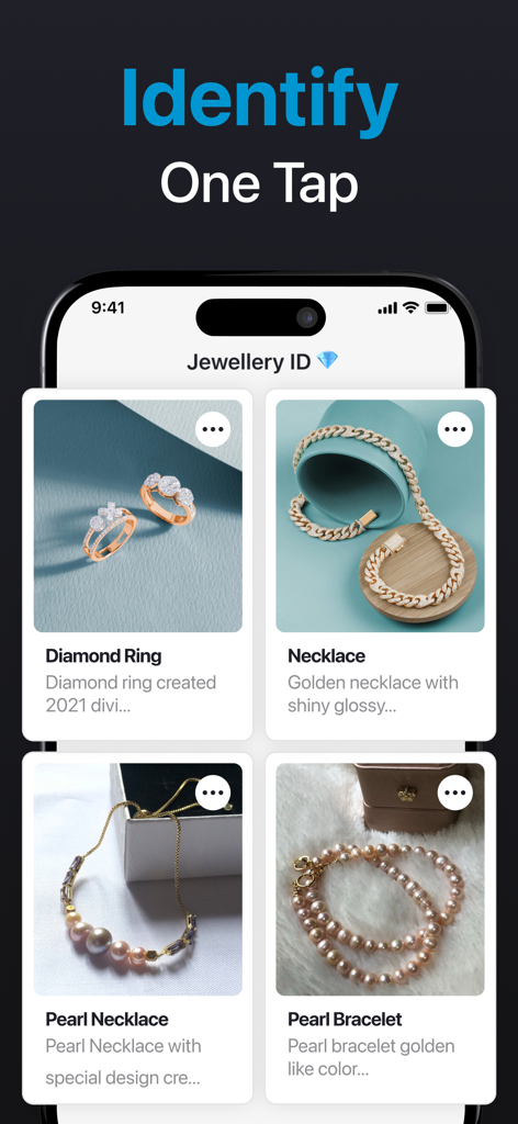 Jewelry Identifier - Pantalla de aplicación móvil mostrando artículos de joyería identificados como anillos de diamantes y collares de perlas