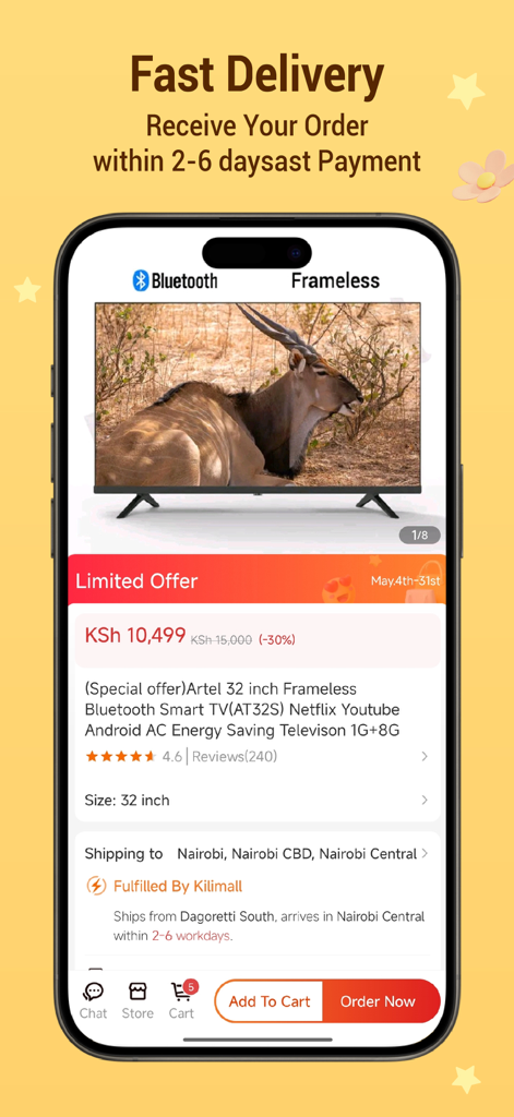 Kilimall - Affordable Shopping - Kilimall app interface showing a 32 inch smart TV with price in Kenyan Shillings and fast delivery options.