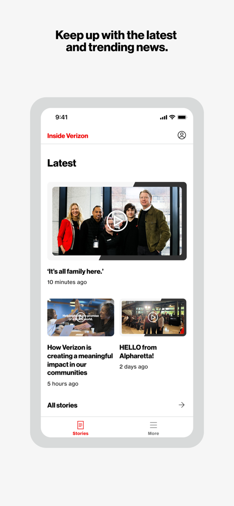 Inside Verizon - Inside Verizonモバイルアプリのニュースフィード画面。トレンドの従業員ストーリーやビデオが表示されています。