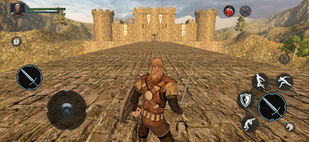 Ertugrul Gazi 3: RPG Battle - Un guerrero con espada y escudo caminando hacia un gran castillo de piedra en un entorno RPG histórico en 3D.