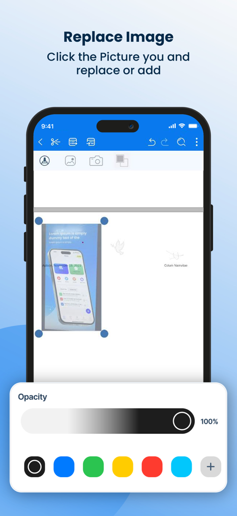 Word document editor interface showing image replacement and opacity controls on a smartphone.