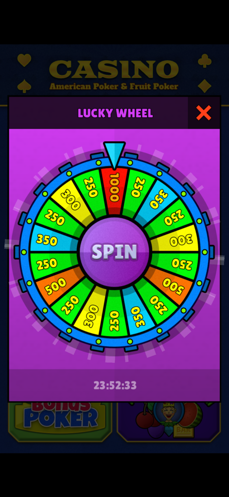 Lucky Wheel mini-game screen showing coin rewards in American Poker 90s Casino