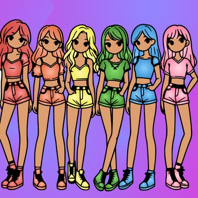 a group of girls wearing crop tops and shorts